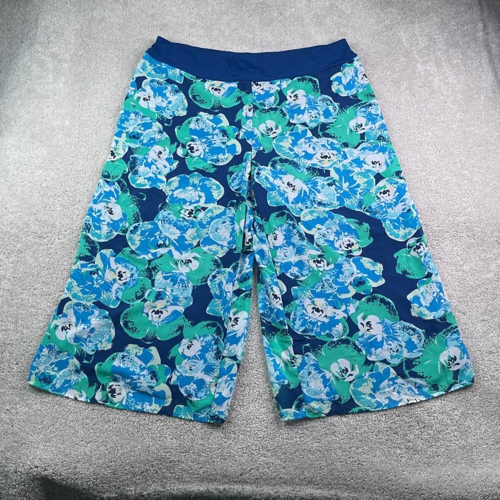 GILI Pants Womens 1X Blue Green Floral Wide Leg Palazzo Flowy Tropical Summer
